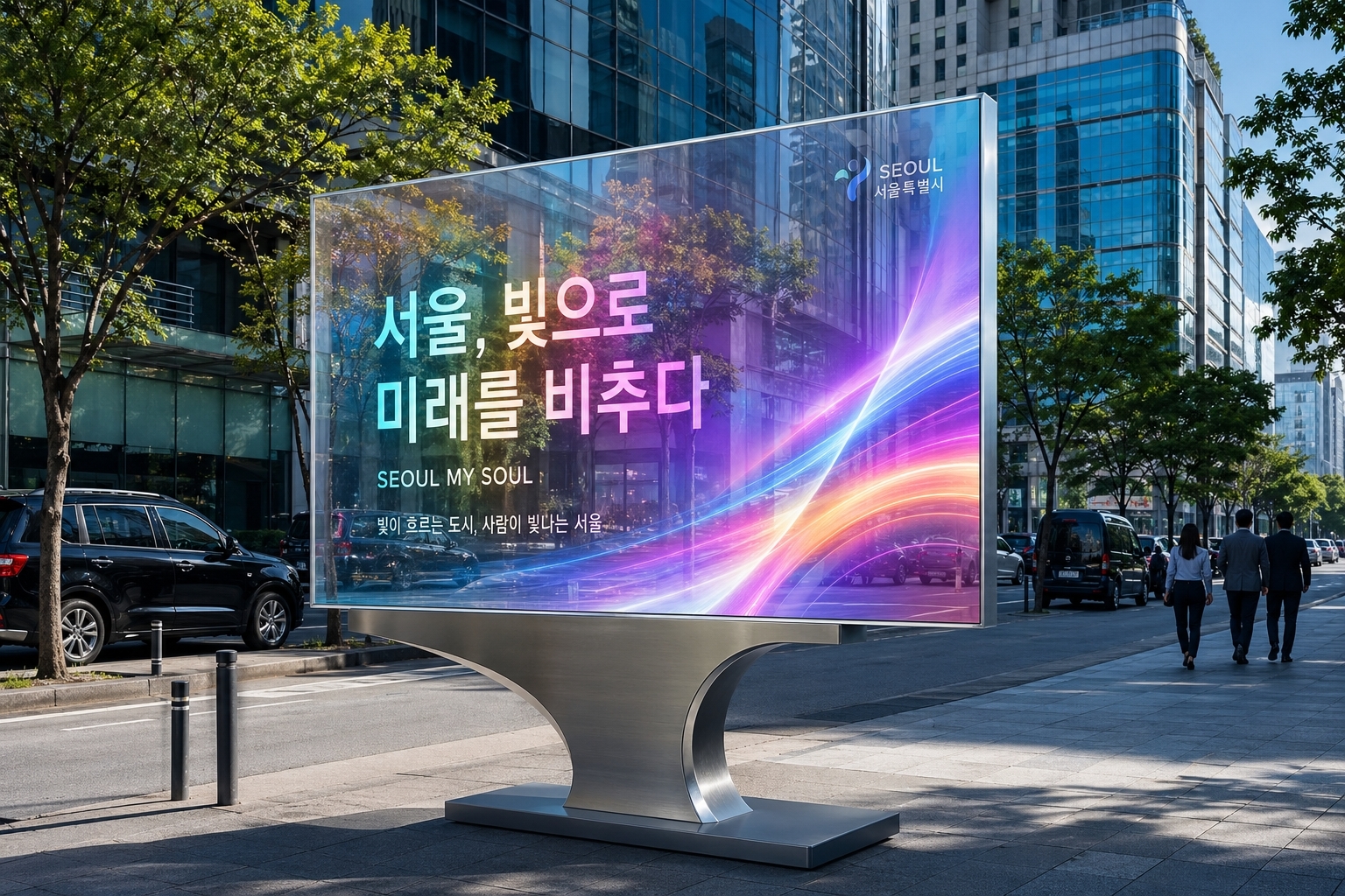 UrbanPixel 메인 비주얼 — 투명 LED 스마트 현수막이 설치된 도심 거리